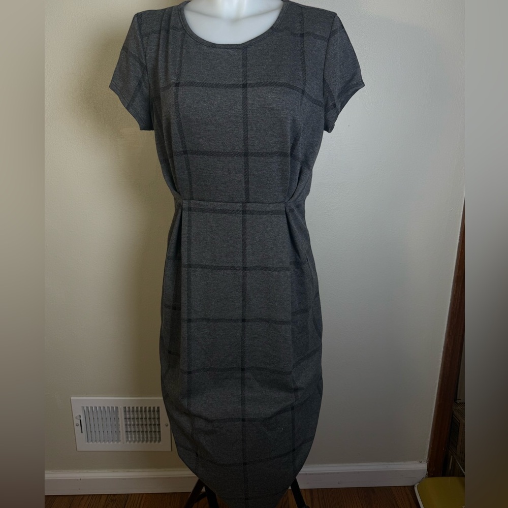 Vibe Sportswear XL Dress Plaid Stretch Gray Black Easy Care Knit Midi NWT New